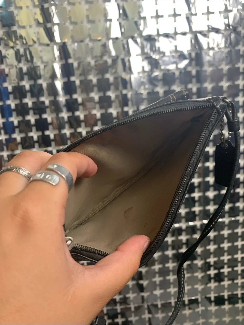 Coach Black Leather Wristlet with Contrast Stitching